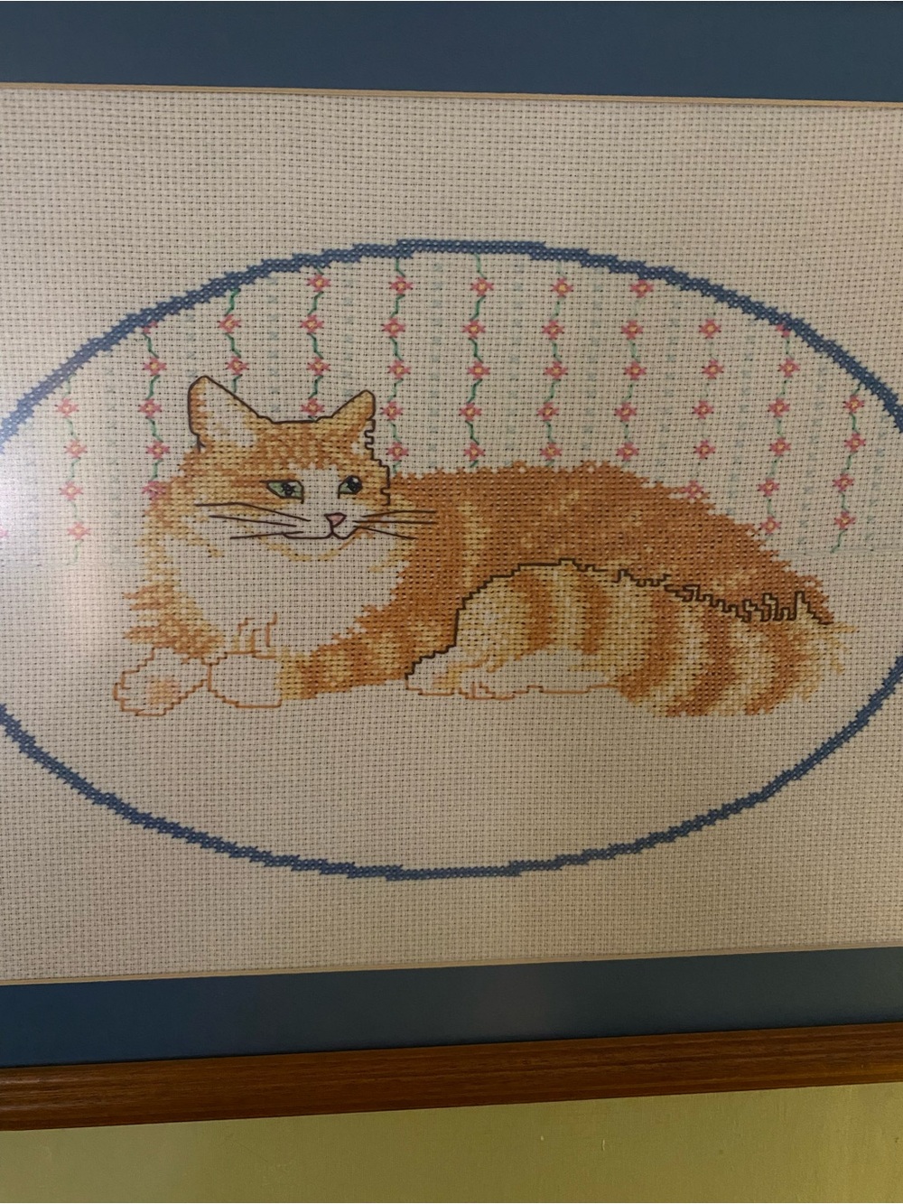 Orange Tabby Cat Cross-Stitch Framed Wall Art - Decorative Pet Needlework
